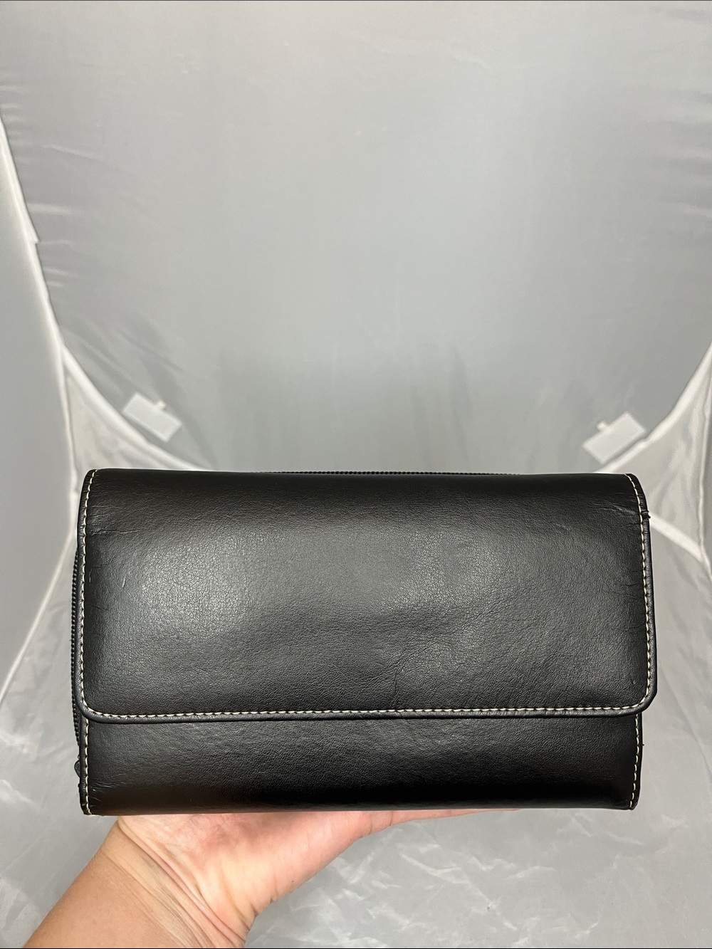 Genuine Leather Classic Black Wallet Clutch with Contrast Stitching 7.5 x 4.5